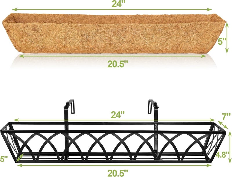HFHOME 24 inch Window Deck Rail Planter Including Coco Liner, 24" Dia Window Box Horse Trough with Coconut Coir Liners, Black Metal Hanging Flower Planter Basket for Indoor Outdoor Lawn - Set of 2 - Image 3